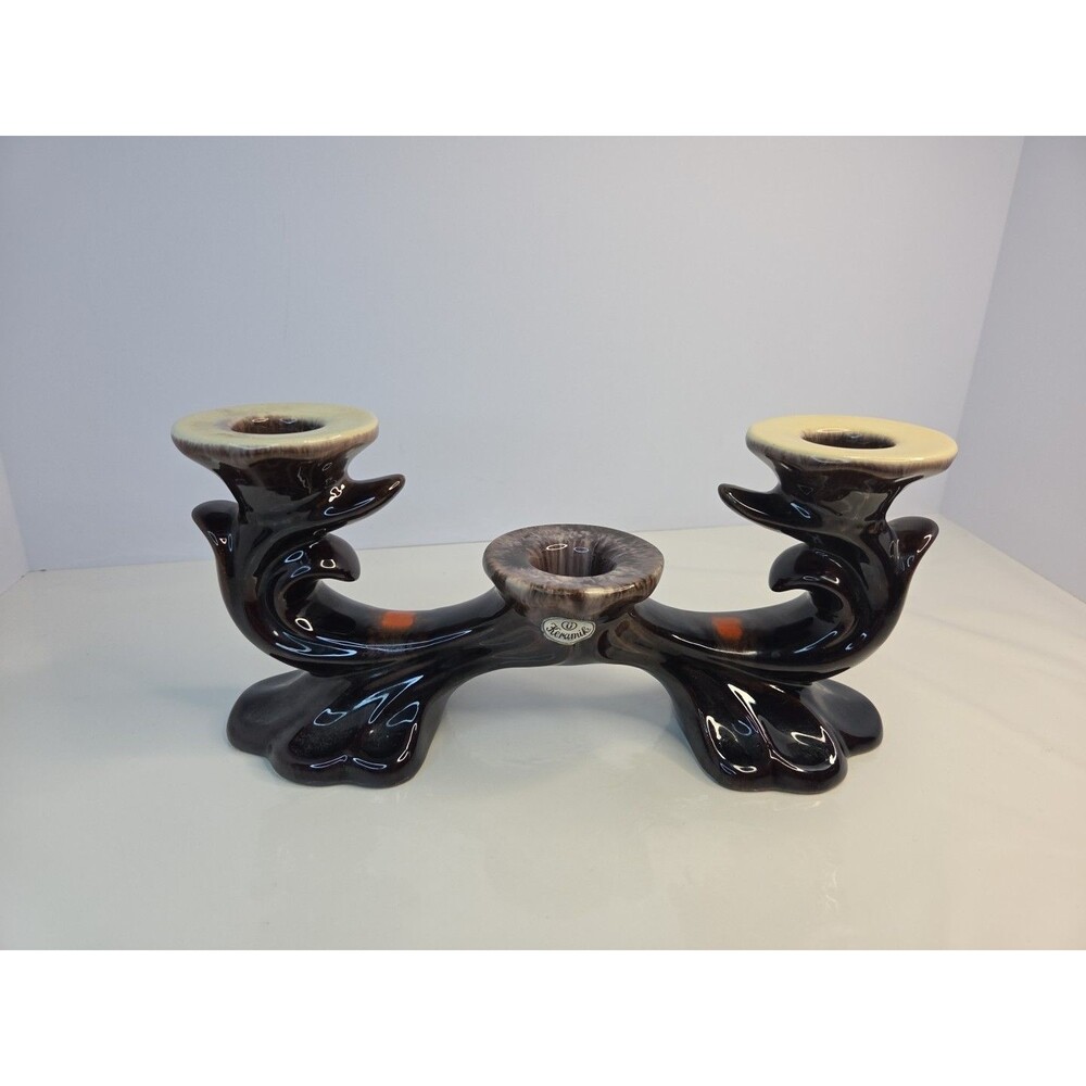 Vintage German Pottery 3 Candle Holder By Jasba Keramik Orange Brown Drip Glazed